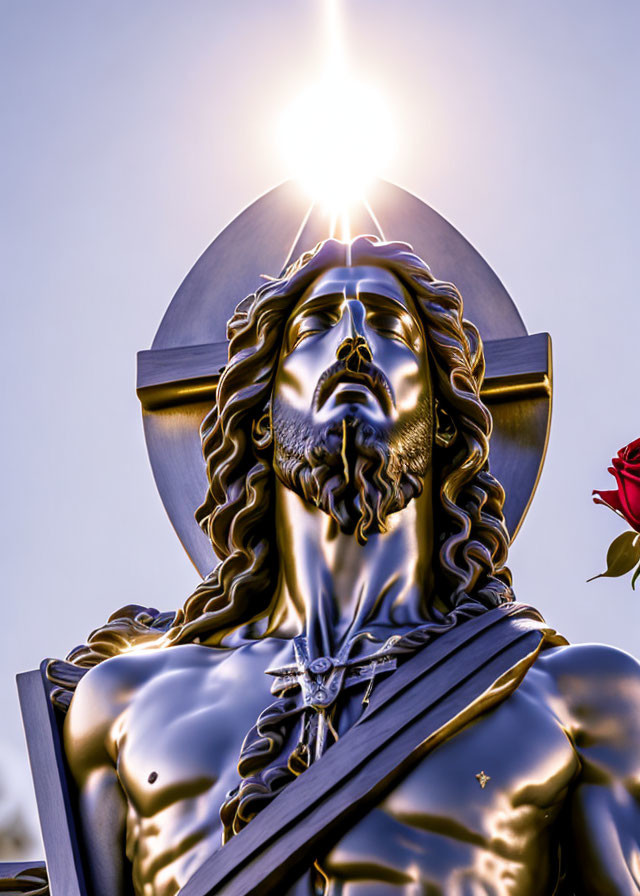 Bronze sculpture of Jesus with cross, halo, and red rose
