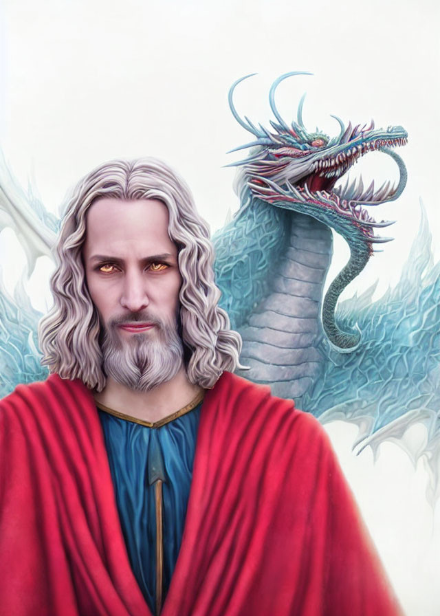 Bearded man in red cloak faces horned dragon.