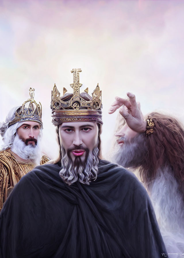 Regal men in ornate crowns against cloudy backdrop