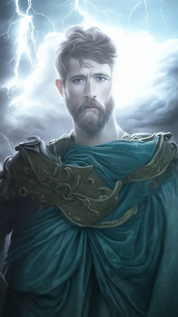 Digital artwork: Serious bearded man in toga with stormy sky and lightning