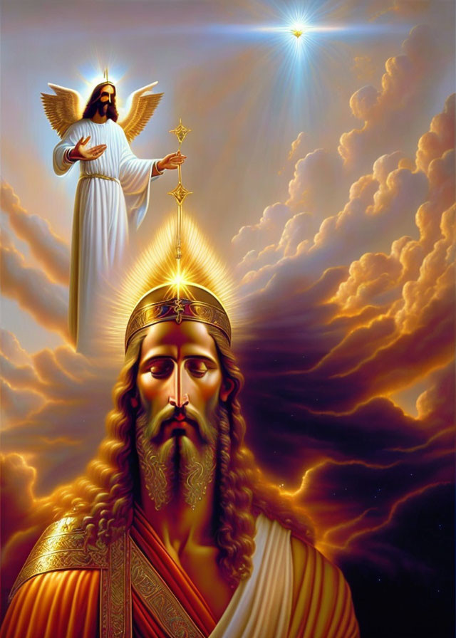 Majestic bearded figure in royal attire with halo and angel holding cross