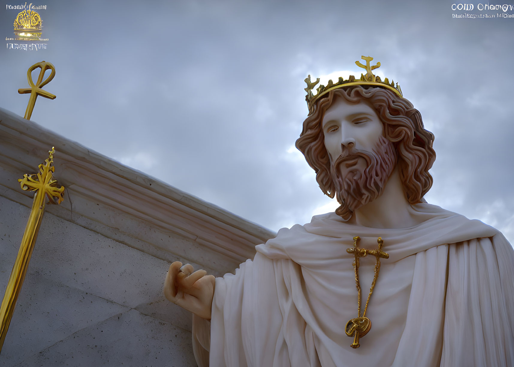 Crowned figure statue with gold key, Greek letters, and Christian cross emblem against blue sky