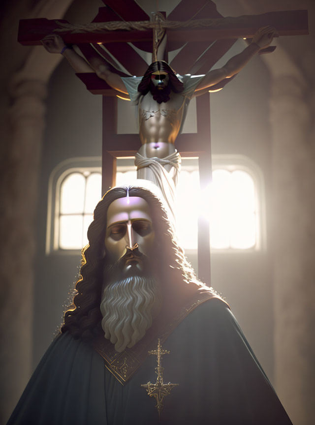 Religious artwork featuring Jesus on the cross and a saint statue