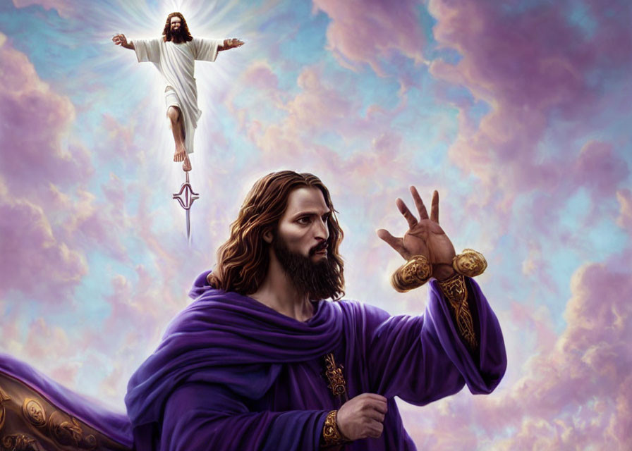 Man in Purple Robe Reaching Up to Jesus-Like Figure in Sky