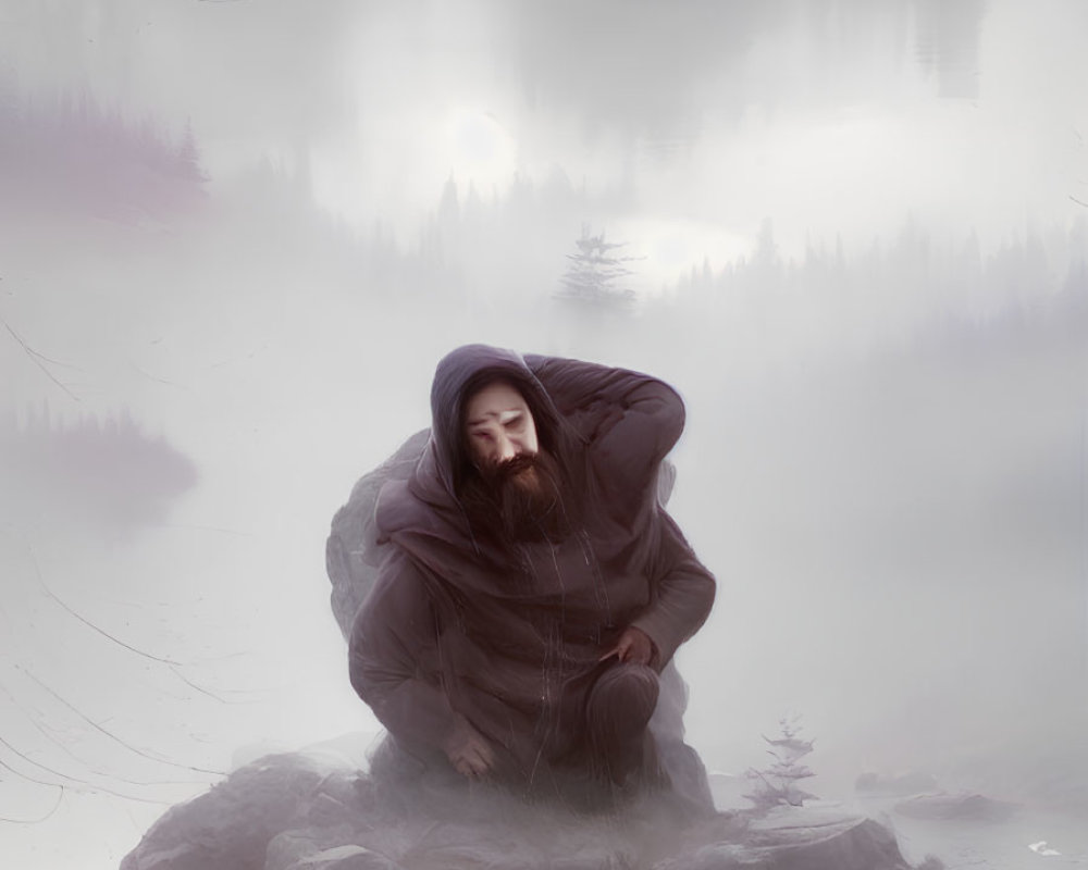 Hooded Figure Contemplating in Misty Landscape