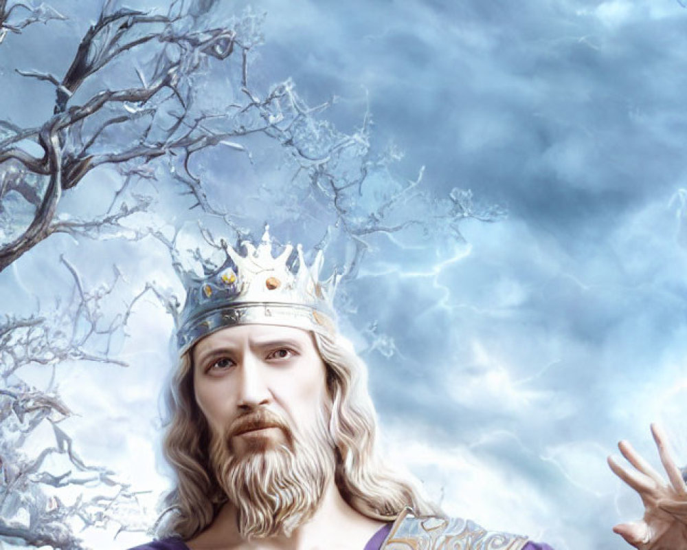 Royal figure in crown and purple cloak against cloudy sky