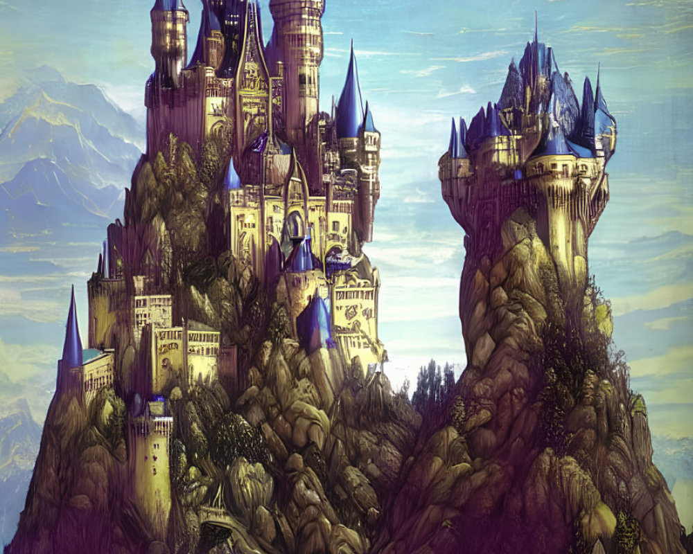 Fantastical castle with spires on craggy cliff amidst lush greenery
