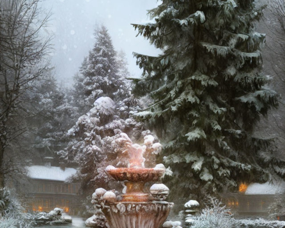 Snow-covered fountain and serene winter pond in enchanting scene