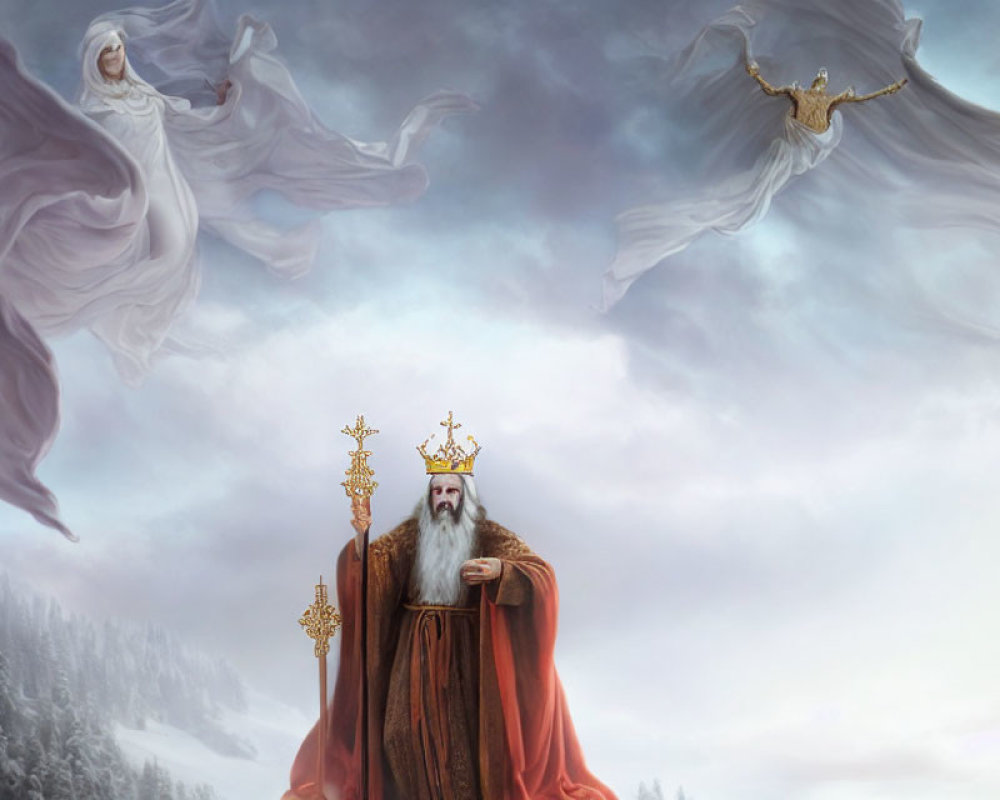 Elderly bearded king in red cloak and crown with ethereal figures in snowy landscape