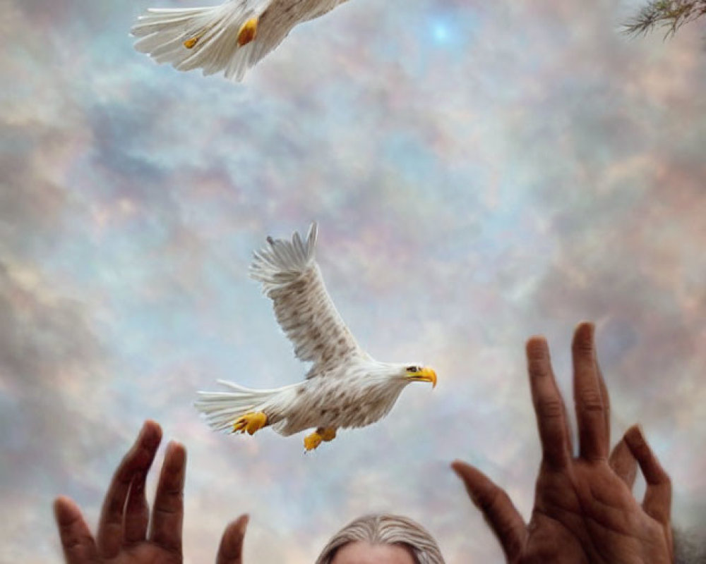 Majestic eagles flying with man in white robes under cloudy sky