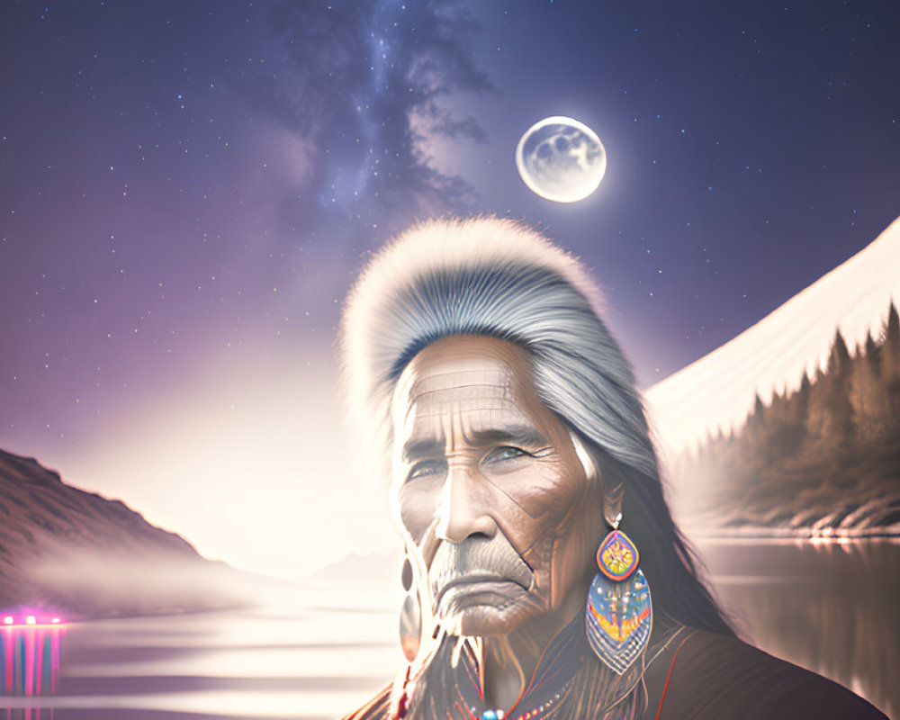 Digital artwork: Native American elder in traditional attire by serene lake