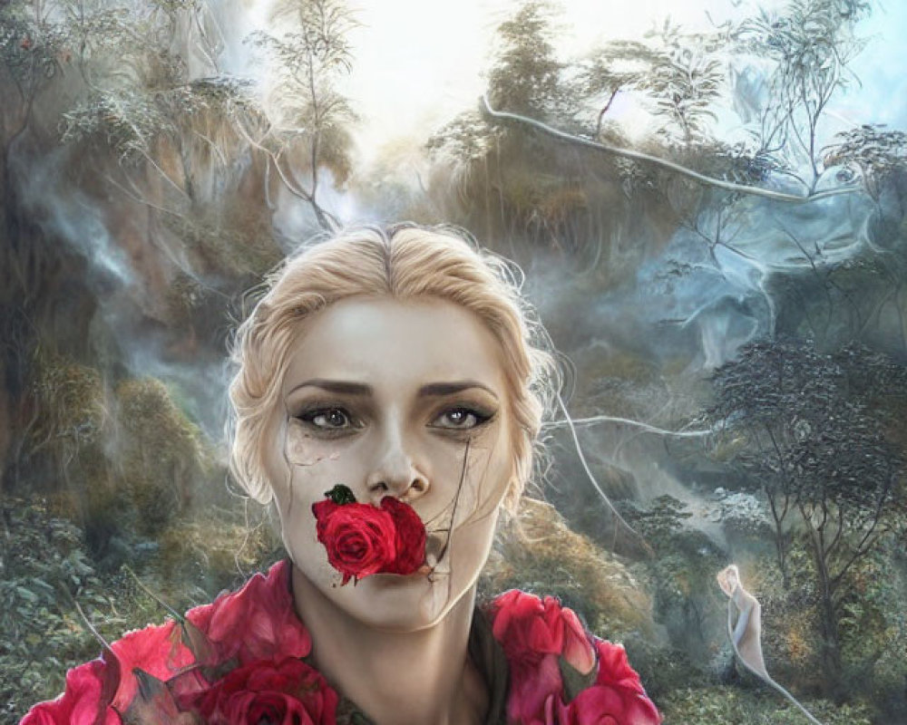 Surreal portrait of woman with rose in mouth in misty floral landscape