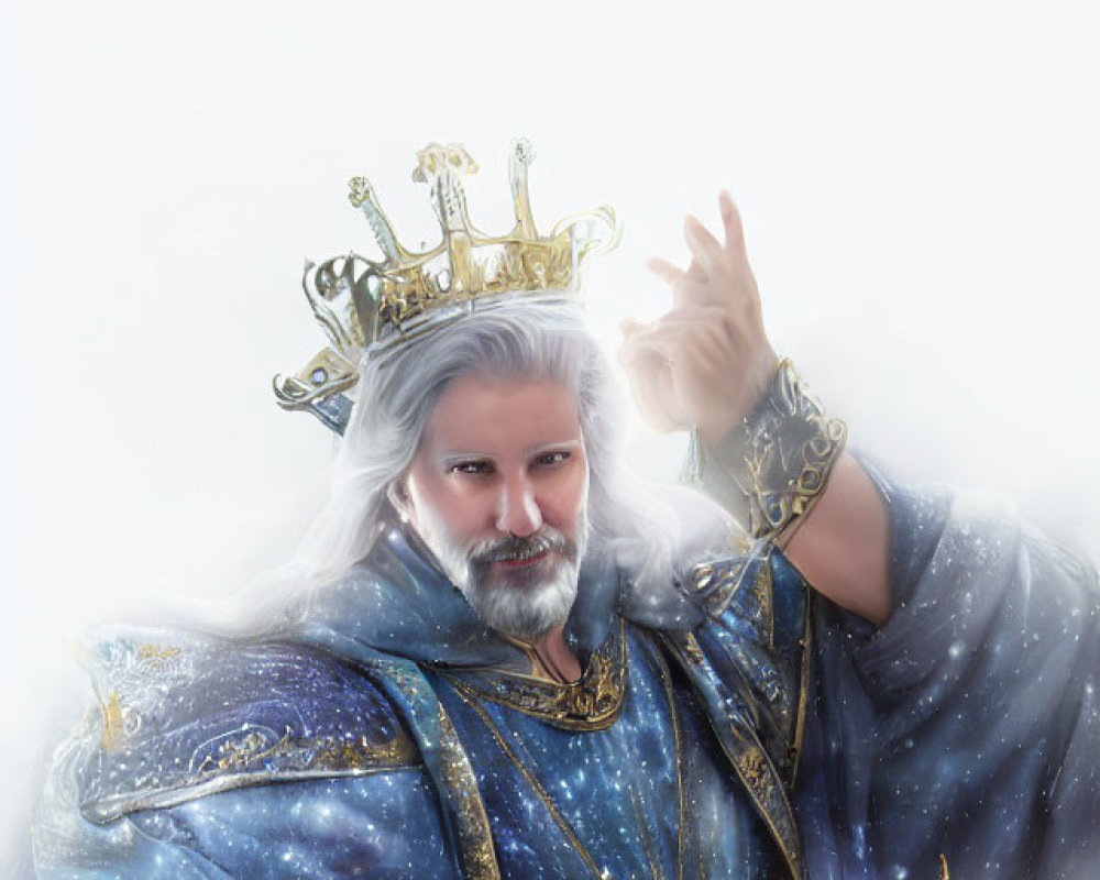 Elderly figure with white beard in golden crown and blue robe