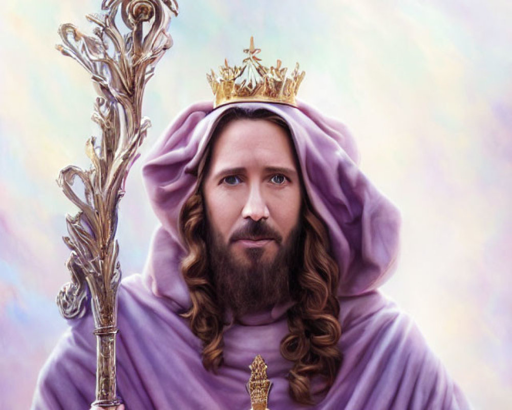 Regal man in golden crown and purple robe with scepter on ethereal backdrop
