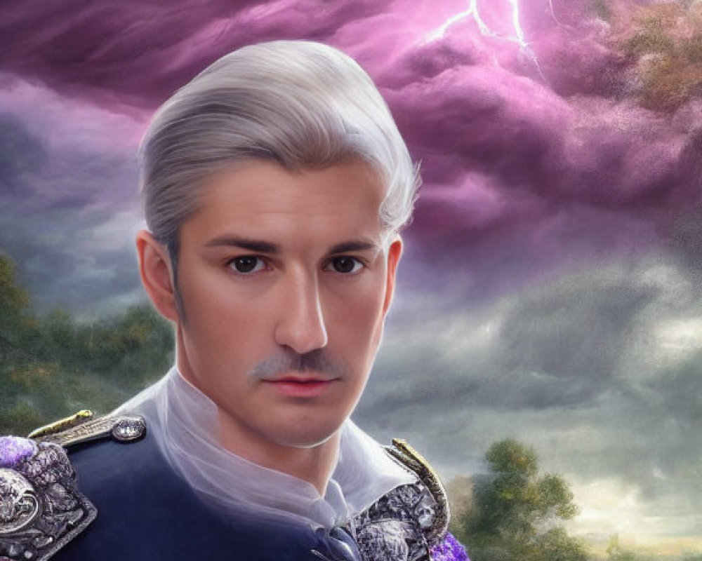 Silver-haired elf in blue military uniform under dramatic sky