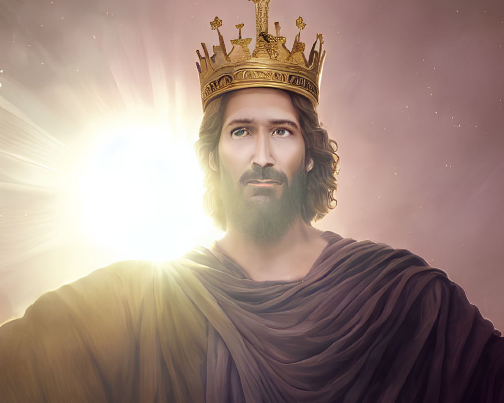 Majestic figure with golden crown in celestial glow