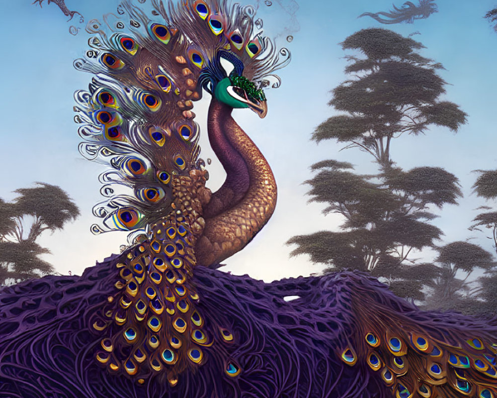 Colorful serpent with peacock feathers in mystical forest scene
