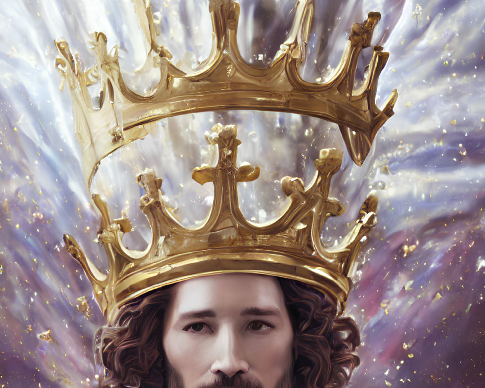 Man with long hair and beard in red cloak and golden crown, surrounded by divine light.