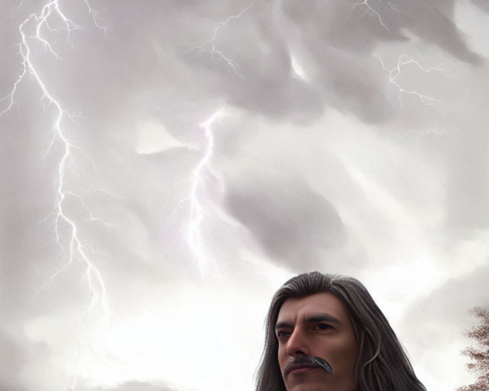 Man with mustache under stormy sky with lightning bolts