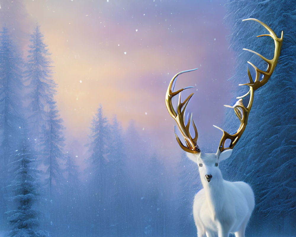 White stag in snowy forest under pastel sunset sky