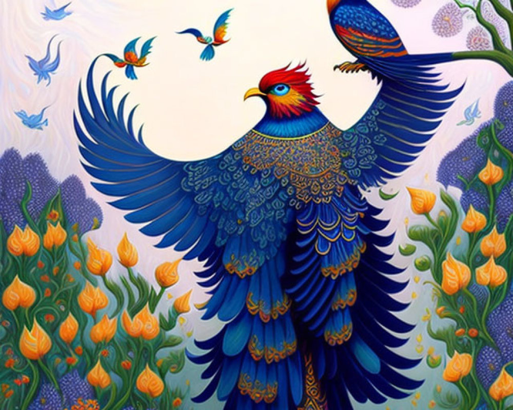 Colorful ornate bird illustration with floral background & flying birds