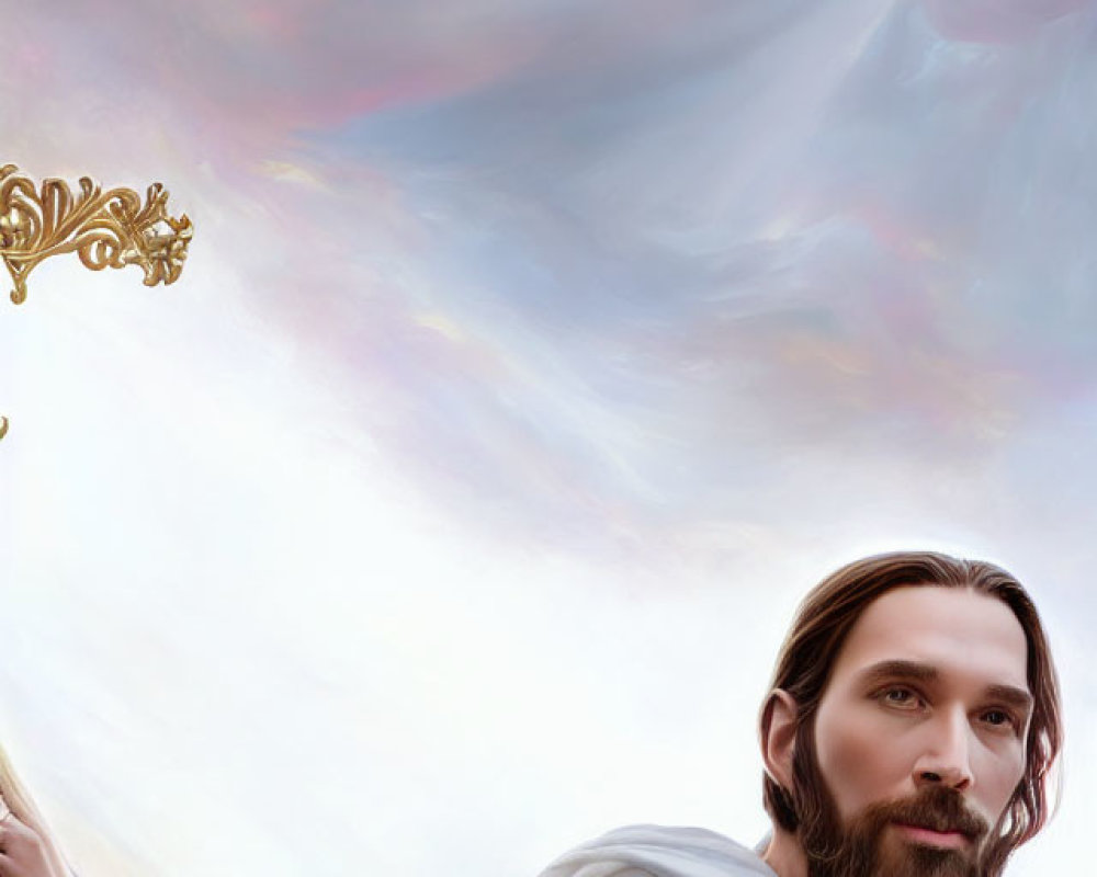 Man with Long Brown Hair and Beard in White Robe Gazing at Ethereal Clouds