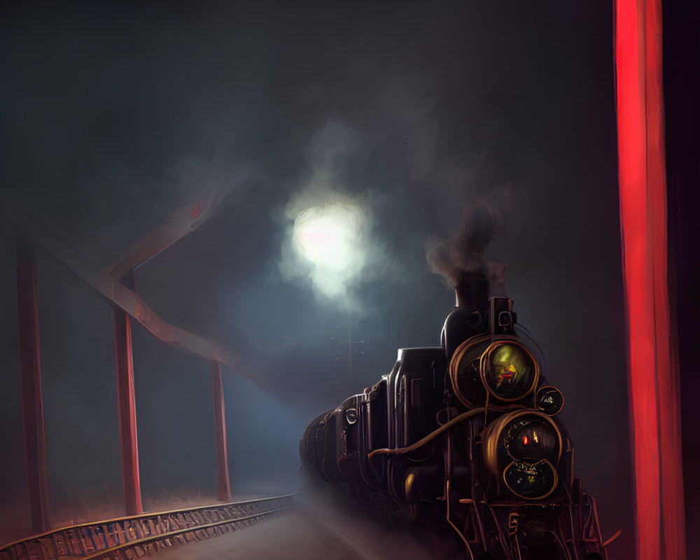 Vintage steam locomotive under full moon with red light - dramatic night scene
