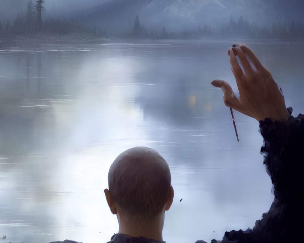 Bald person looking at castle on mountain reflected in misty lake