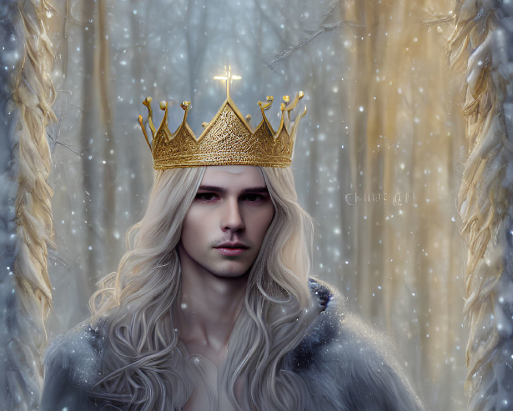 Regal figure with long white hair and golden crown in snowy forest