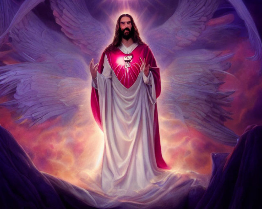 Digital artwork: Jesus-like figure with open heart and radiant wings in mystical sky.