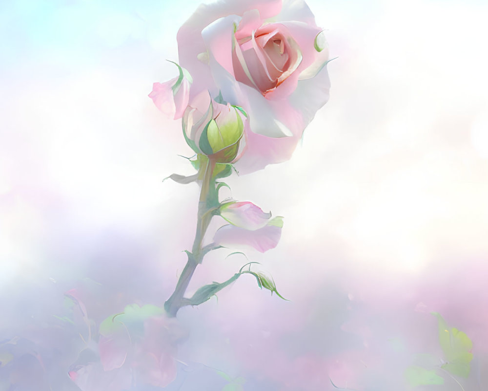 Pink rose in full bloom with soft-focus pastel background