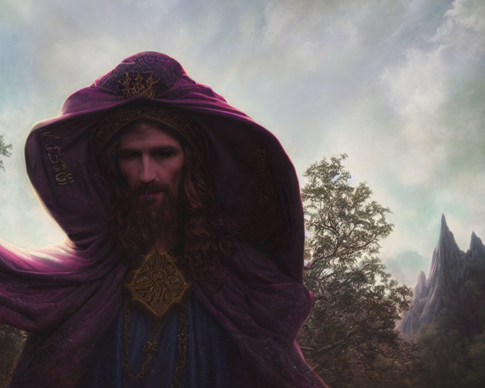 Bearded man in purple cloak with gold embroidery in misty forest.