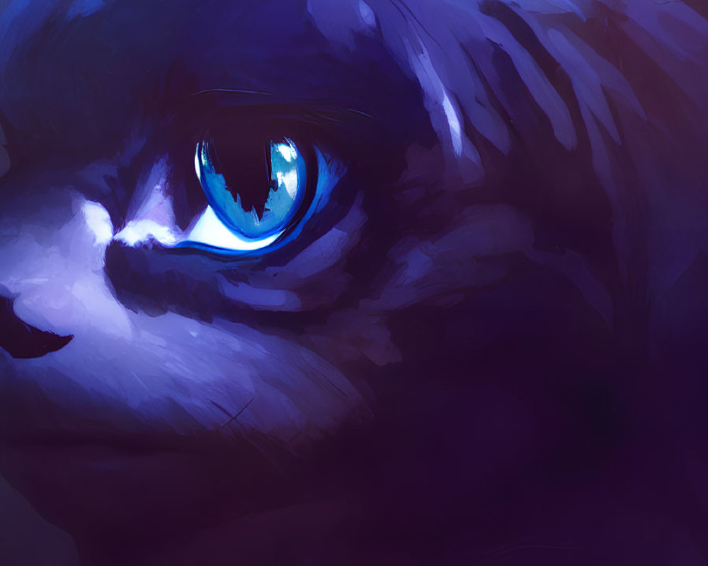 Close-Up Cat Face with Glowing Blue Eye in Dark and Purple Tones