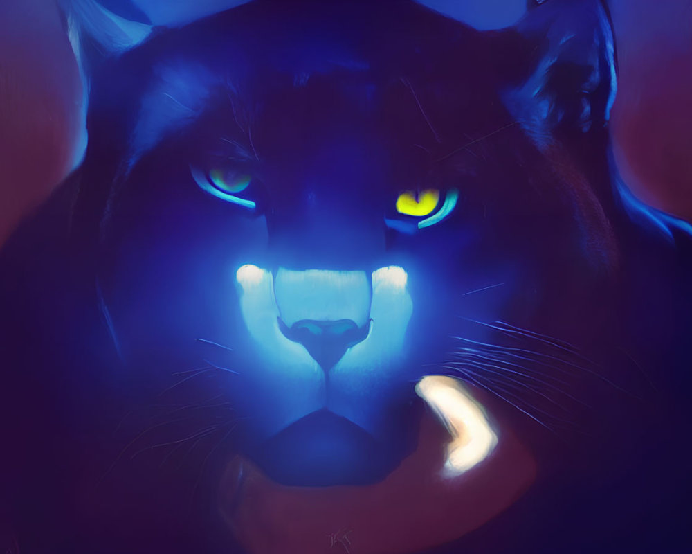 Detailed Digital Painting of Mystical Blue-Black Panther with Glowing Eyes