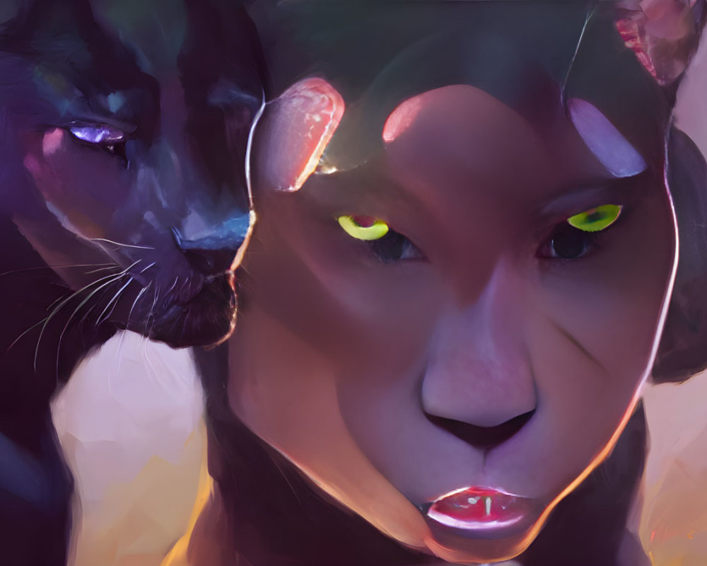 Digital painting of human with feline features and black panther, both with glowing eyes.