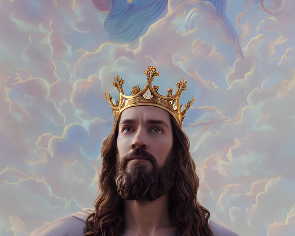 Man with Crown Gazes at Sky with Floating Figure in Blue Robes