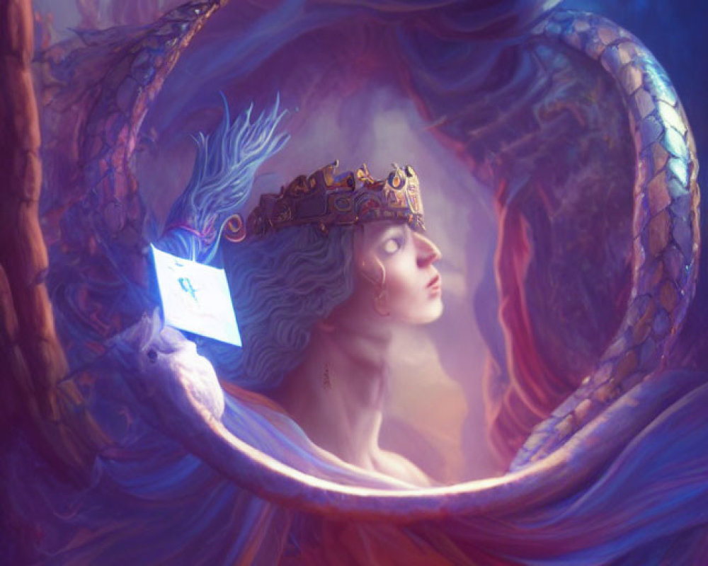 Queen adorned with ornate crown embraced by large serpent in dreamy purple setting