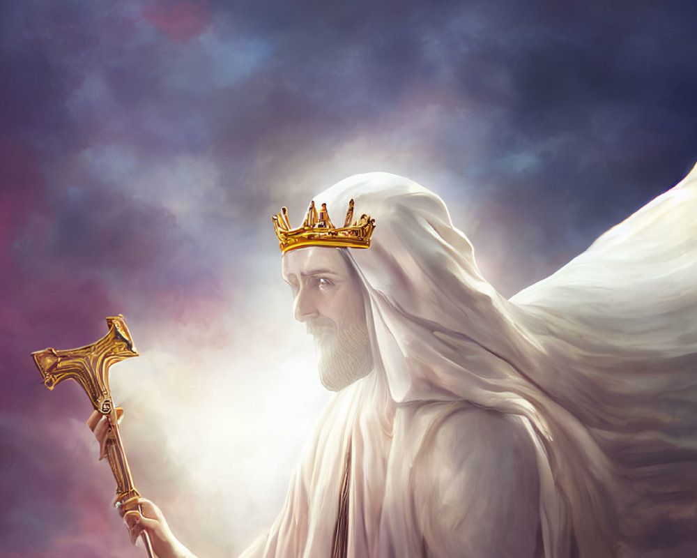 Majestic figure with beard and crown holding scepter in white robes against dramatic sky