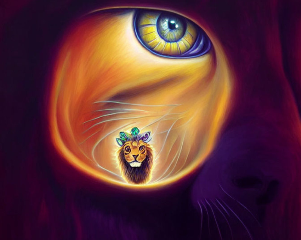 Surreal painting of feline eye with lion's face on purple-red background