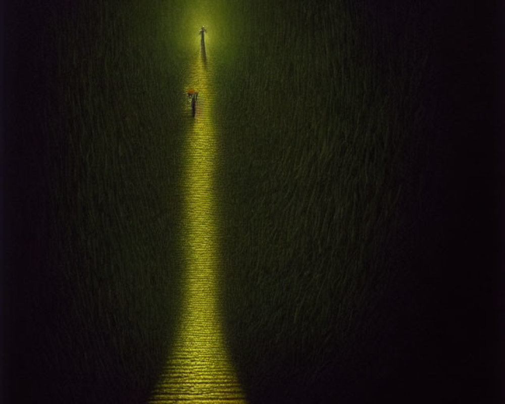 Solitary figure in greenish light at path's end in dark surroundings