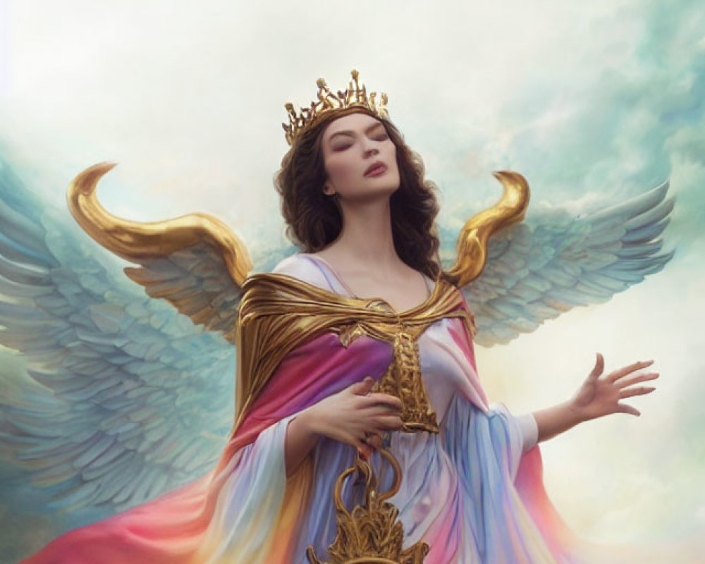Angel with wings, crown, colorful robes, and medallion against cloudy sky