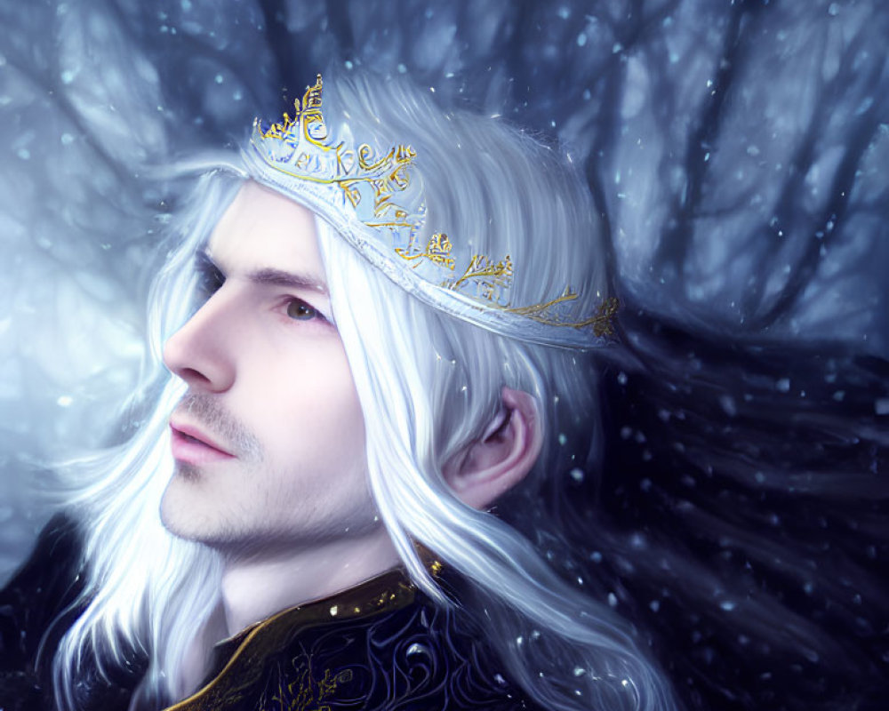 Regal Figure with Long White Hair and Golden Crown in Snowy Forest