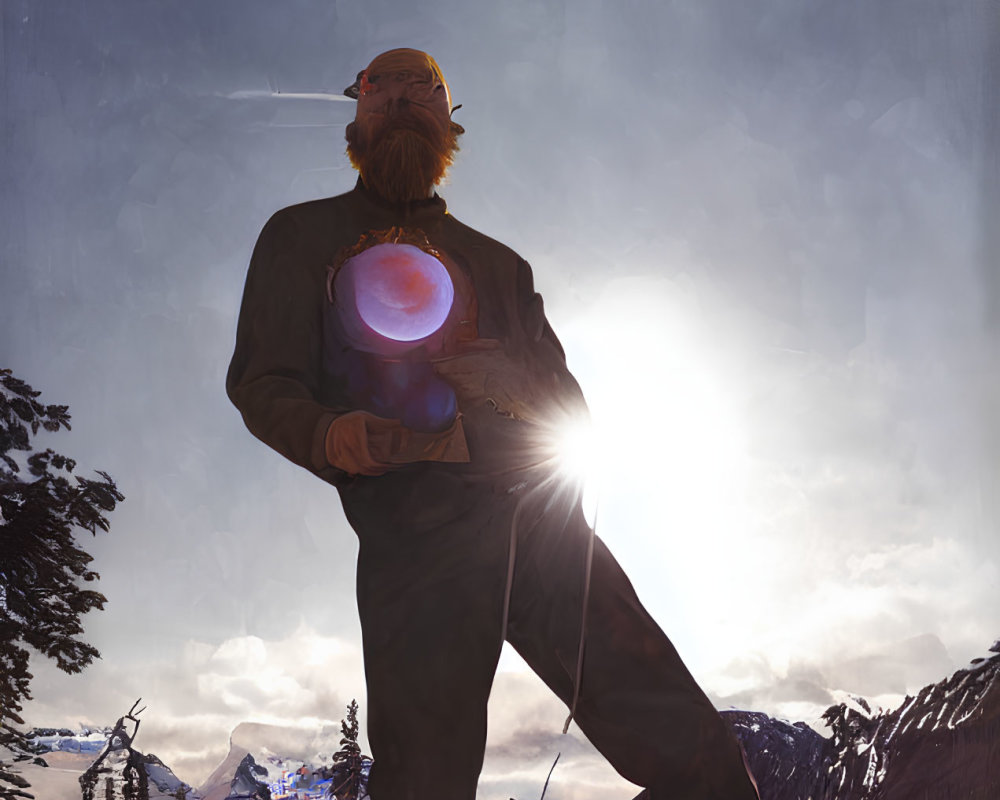Bearded man holding cosmic orb with mountain landscape and sun