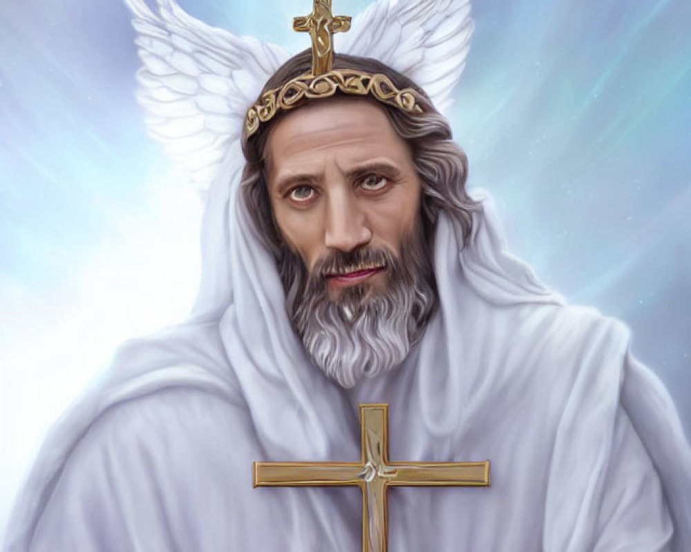 Figure with wings and halo holding a cross in serene white robe against cloudy backdrop
