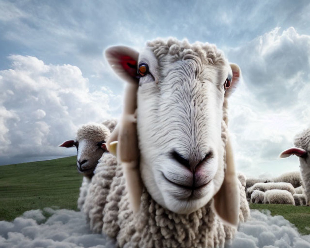 Close-up image of sheep's head against fluffy cloud-filled sky