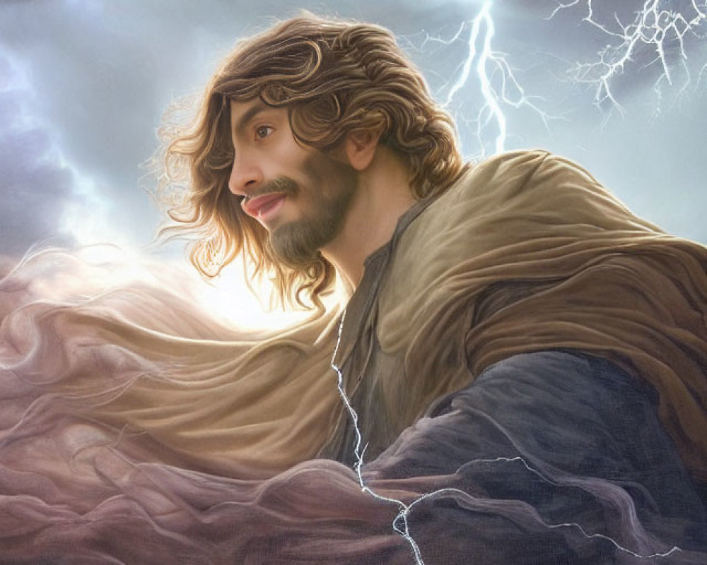 Bearded man in flowing robes against stormy skies