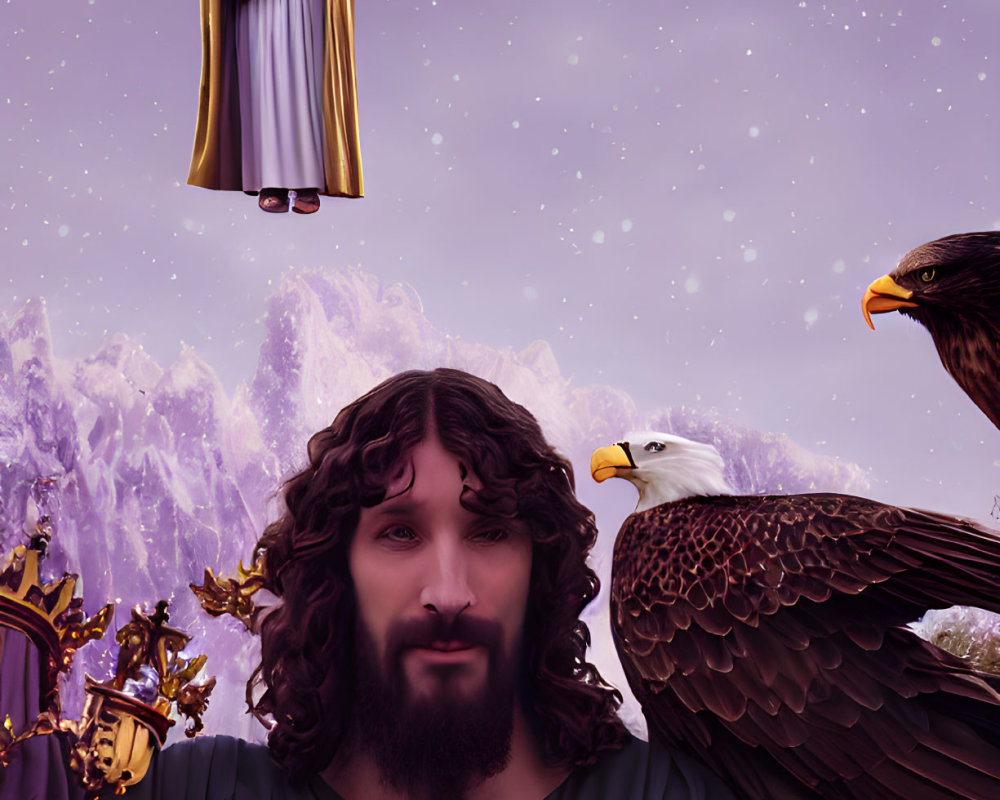 Bearded person in purple robes with eagles and floating cross in mountain landscape