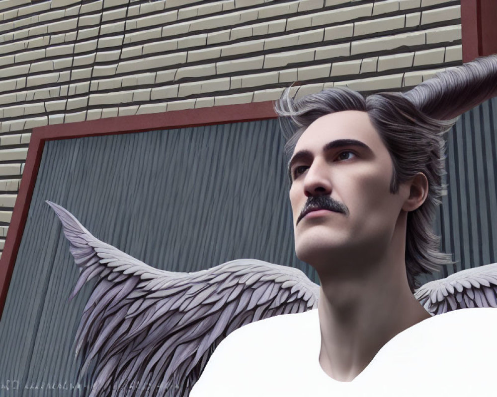 Digital artwork of a man with mustache and wings against a modern building.