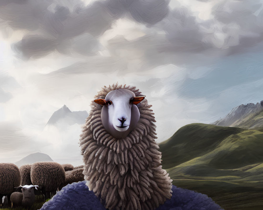 Illustration of fluffy sheep on grassy hill under cloudy sky