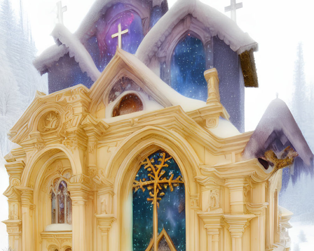 Mystical Church with Golden Facades in Snowy Forest
